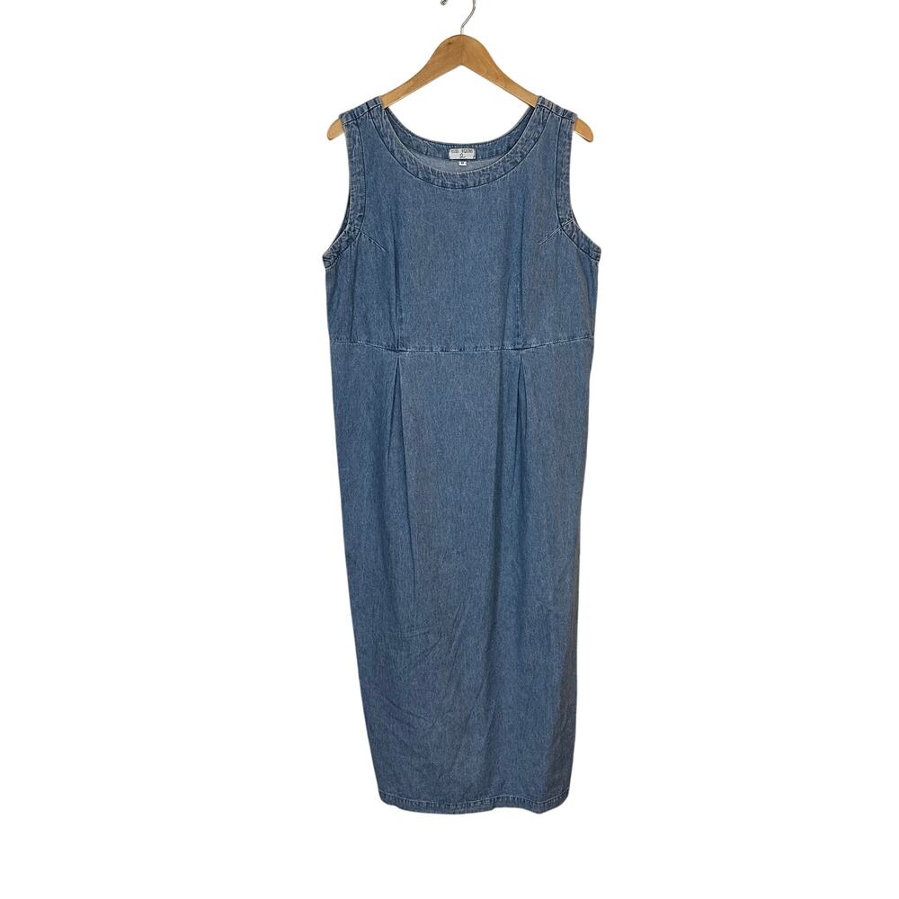 Vintage Denim Maxi Dress Sleeveless Pullover Womens Modest Cottage 100% Cotton